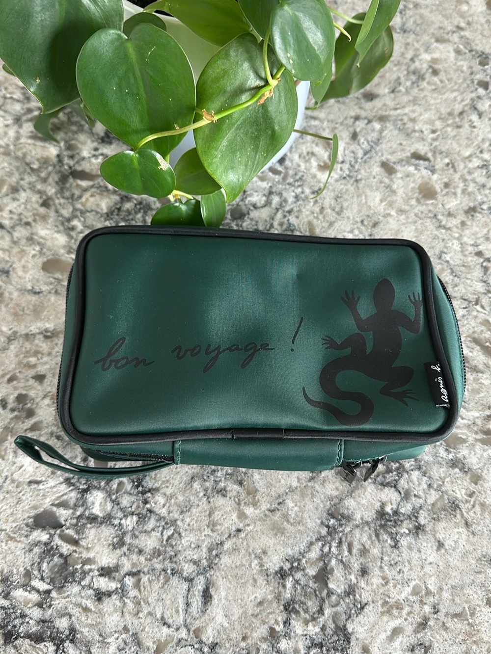Agnes B. Dark Green Toiletry Bag with Black Lizard Graphic Vintage